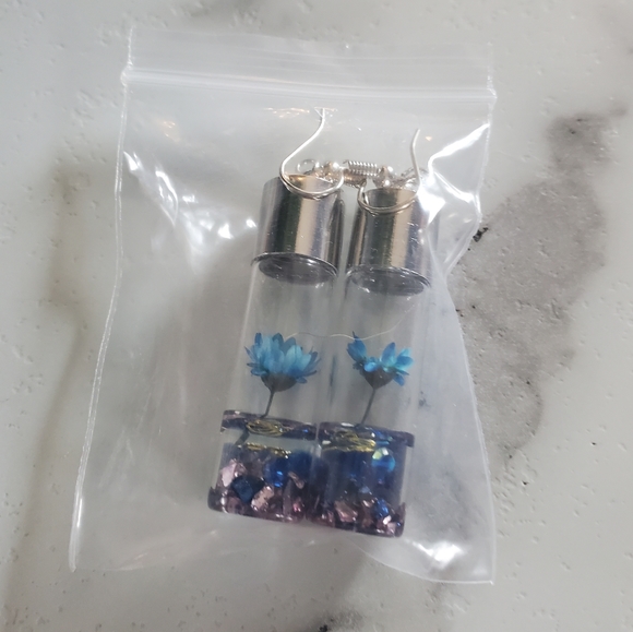 Blue Wish Flowers Glass Bottle Dangle Earrings - Picture 8 of 9